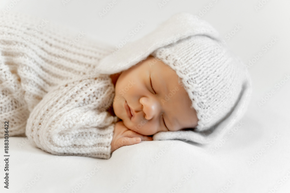 Obraz premium a newborn baby on a white isolated background, a sleeping baby, and space for text