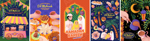 Ramadan Kareem and Eid Mubarak. Cute vector illustrations of a Muslim family praying, iftar food, lanterns, a crescent moon, palm trees, and tea drinking for a greeting card, poster, invitation, backg
