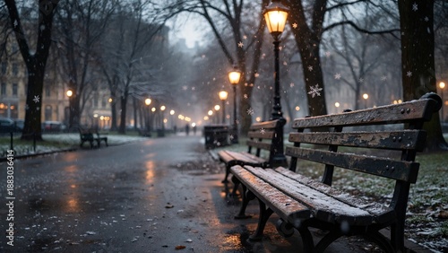 Dreamy Snowfall in Urban Park at Night