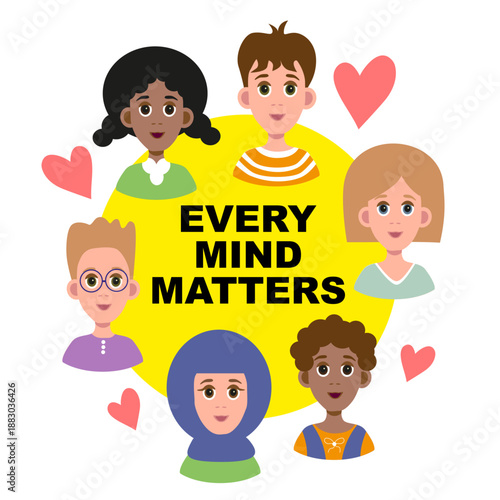 Every mind matters, texted phrase with smiley faces. Children mental health support. Vector illustration.