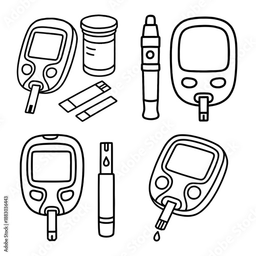 Blood Glucose Meter Line Art Vector Illustration Set (Test Kit)