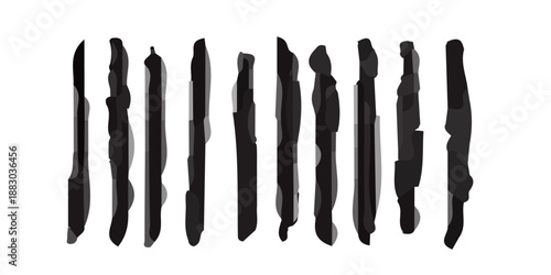 Set of isolated black and white nail polish paint splashes with a brush and metal tools including a sharp steel knife and screwdriver vector object collection on white