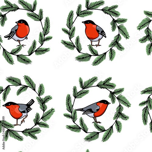 Vector seamless pattern with hand drawn sweet bullfinches in winter pine wreath made with ink. Beautiful animal design elements, perfect for prints and patterns