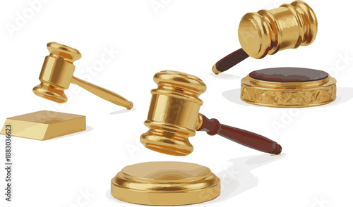 Create a kinds of deferent realistic Law concept - Golden judge gavel vector art with white background.