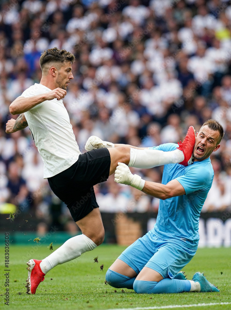Naklejka premium Dangerous high kick foul between football players in crowded stadium. Concept of excessive force, lack of control, emotional breakdown and critical moments in competitive football.
