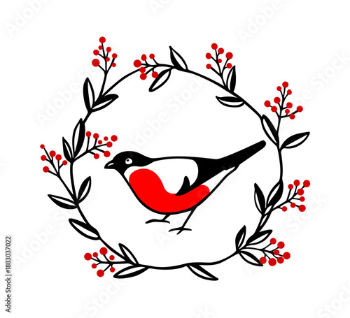 Vector card with hand drawn cute bullfinch in floral wreath with red berries. Beautiful wildlife or Christmas design elements, ink drawing, graphic style. Logo template