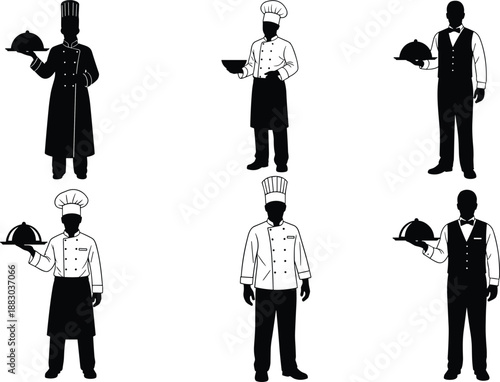Black silhouette set of chef and waiter figures holding serving trays, professional restaurant hospitality staff illustration isolated on white background food service industry