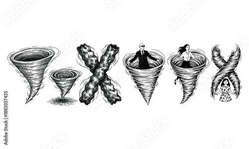 Tornado vortex illustration: danger and human struggle