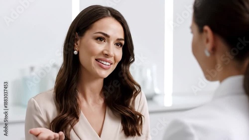 Wallpaper Mural Young woman with pearl earrings smiling at another person Torontodigital.ca