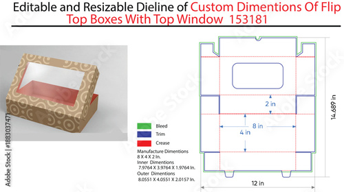 Editable and Resizable Dieline of Custom Dimentions of Flip Boxes With Window