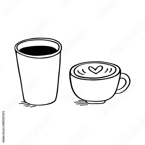 Outline sketch coffee to-go and cappuccino mug with heart. Vector icon on doodle style