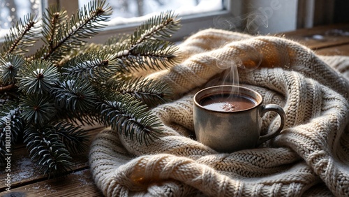 Cozy Indoor Winter Scene with Hot Cocoa and Fireplace