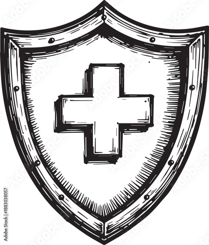 Illustration of health symbol on shield with a strong, vector hand-drawn aesthetic on clean look.