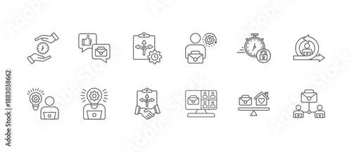 Remote working icon collection set. Containing Online Meeting, Flexibility, Agreement, Virtual Work, Time Management, Work On Demand, Flexibility Program, Part Time. Simple Line vector illustration.