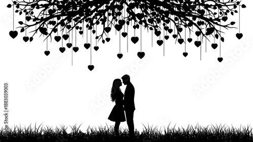 Romantic silhouette of a loving couple embracing under a heart-laden tree, symbolizing deep affection and everlasting bond