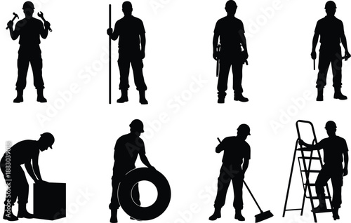 Black silhouette set of industrial workers holding tools and performing labor tasks, construction and maintenance professions illustration isolated on white background workforce collection