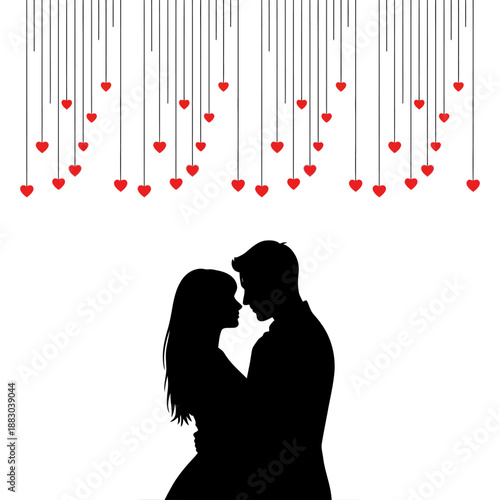 Romantic illustration of a couple in silhouette embracing, with hanging red hearts symbolizing love and affection