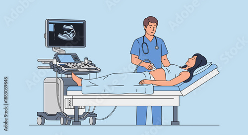 Doctor doing ultrasound on female patient for prenatal care and medical education materials