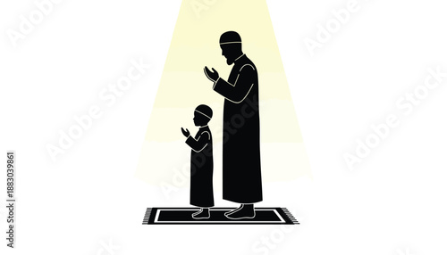 Father and Son Praying Together in Simple Elegant Silhouette with Soft Gradient Lighting for Spiritual Illustration