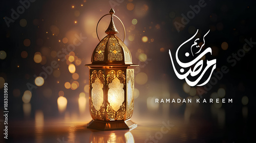 Ramadan Kareem, Ramadan Mubarak and Eid Mubarak Translated:  in Arabic calligraphy greetings with Islamic decoration with Hanging Illuminated Lanterns and Mosque on Background.