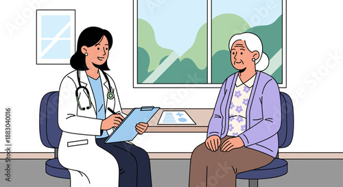 Doctor consulting with elderly woman in clinic for healthcare promotional materials and education
