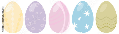 Five Easter eggs decorated in pastel colors. Each egg displays a unique pattern, offering a diverse collection of pastel Easter decorations.