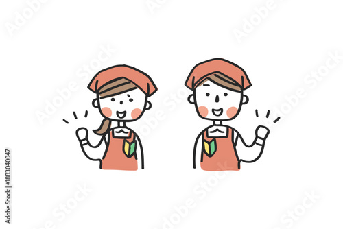 ガッツポーズをするエプロンにバンダナ姿の男女　初心者マーク