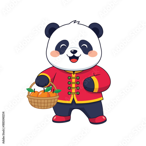 Cute cartoon panda character wearing a red traditional Chinese jacket and holding a basket of oranges, smiling happily.