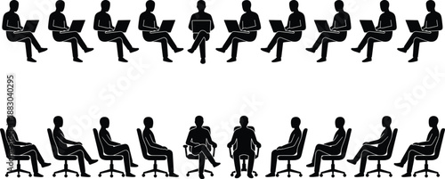 Business people silhouette set working on laptops sitting on chairs office workspace productivity teamwork remote work concept isolated vector