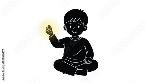 Child meditating with glowing light in simple illustration style on white background for mindfulness