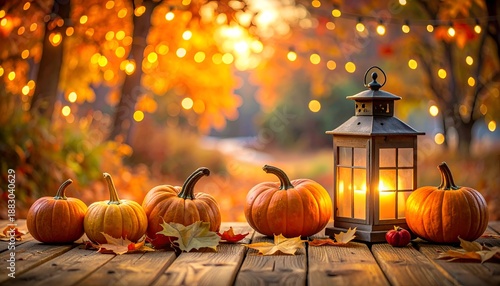 A cozy autumn scene featuring pumpkins, vibrant leaves, and a glowing lantern amidst bokeh lights