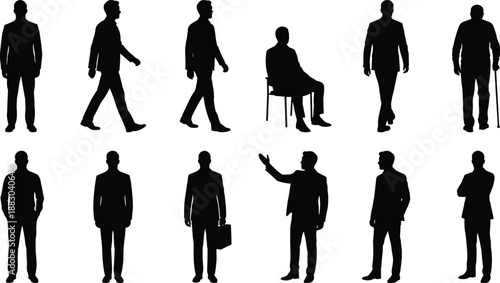 Businessman silhouette pose collection, male corporate figures walking standing sitting gestures, professional leadership concept, minimal black vector icons, isolated background