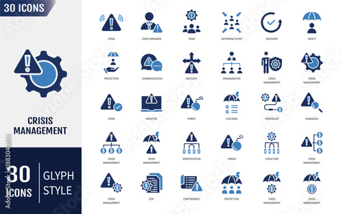 Crisis management icon set. World, protection, gathering point, recovery, safety, checklist, security and more. Vector illustration