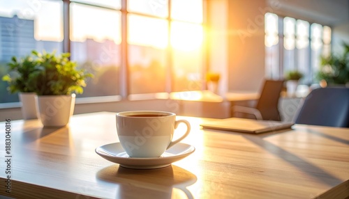 Wallpaper Mural A serene morning view of a coffee cup on a table with sunlight streaming through windows Torontodigital.ca