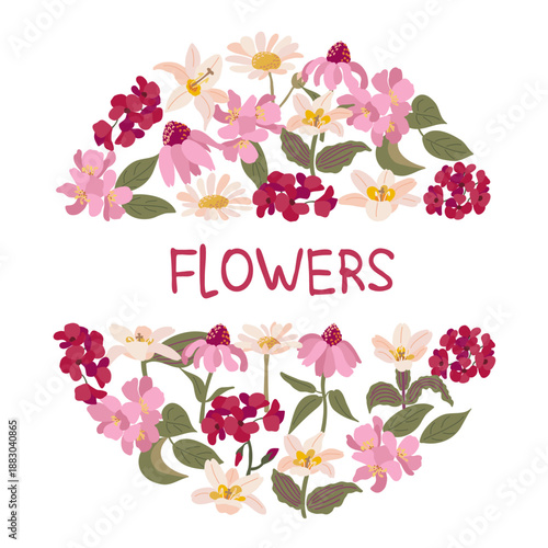 A flat design round medallion with five botanic flowers alternating with the word 'Flowers'. Includes geranium, lily, cherry blossom, echinacea, and daisy. Perfect for elegant branding, labels, and di