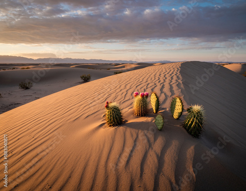 Blooming cacti growing on a sand dune in the desert at sunrise
