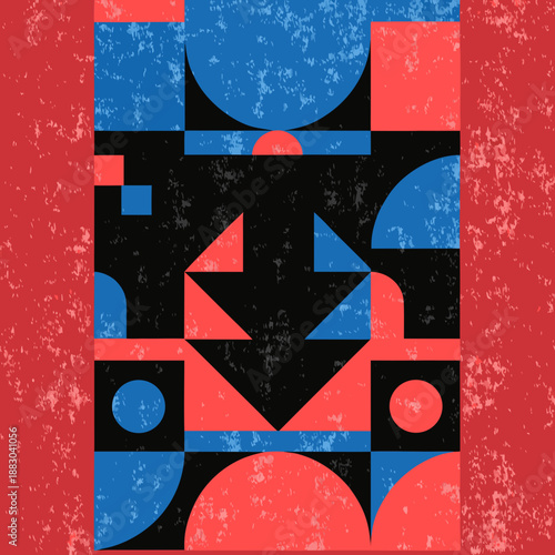 Geometric shapes in red and blue tones arranged in a modern artistic composition on a textured background