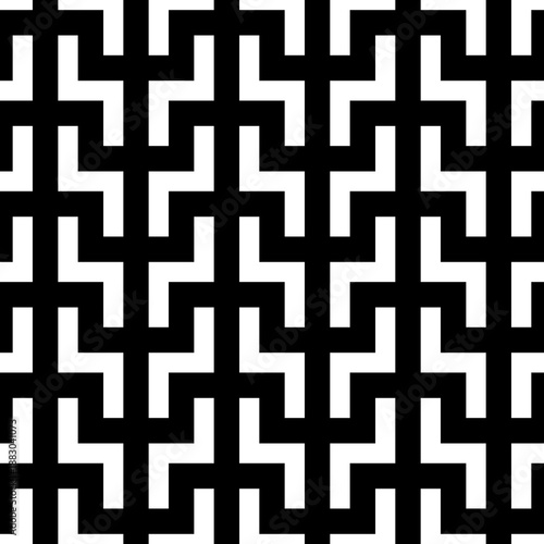 White zigzag shaped blocks on black background. Repeated figures wallpaper. Seamless surface pattern design with polygons. Mosaic motif. Digital paper for page fills, web designing. Vector art.