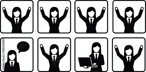 Businesswoman icon set in square frames, female professional silhouettes, success celebration poses, office communication symbols, leadership teamwork concept, minimal vector design
