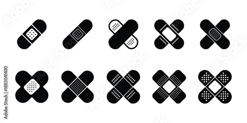 Black and white band aid icons with white background