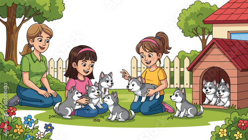 Heartwarming scene of two women and a young girl joyfully interacting with a playful litter of husky puppies in a lush green backyard, with a cozy dog house nearby.