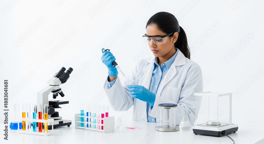 Fototapeta premium Young Indian female scientist using a micropipette to analyze samples in a modern white laboratory with microscope and test tubes.