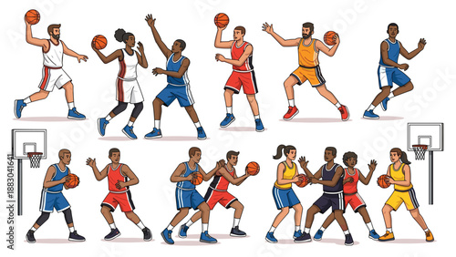 Dynamic collection of basketball players, both male and female, showcasing various actions and poses during a game, including dribbling, shooting, and defending on the court.
