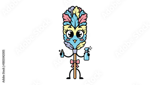 Adorable cartoon feather duster character with a cheerful face, holding cleaning spray and a small bottle, bringing a playful and friendly touch to household chores.