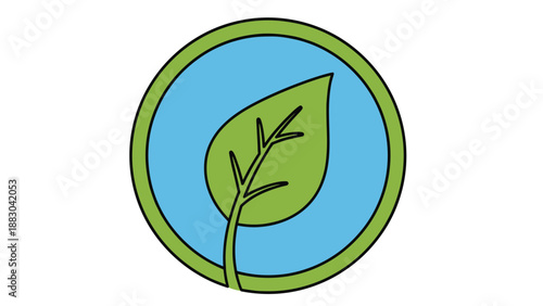 Clean and simple cartoon logo featuring a vibrant green leaf elegantly enclosed within a circular design of blue and green, symbolizing nature, ecology, and sustainability.