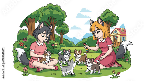 Enchanting illustration of two girls with cute animal ears and tails, happily playing with an adorable litter of husky puppies in a lush, green garden, blending fantasy and nature.
