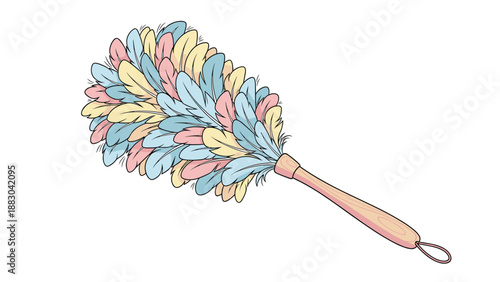 Beautiful illustration of a soft feather duster, featuring a charming blend of pastel pink, blue, and yellow feathers on a natural wooden handle, perfect for elegant cleaning themes.