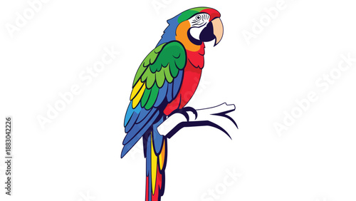 Vivid illustration of a vibrant macaw parrot, showcasing its striking blue, green, and red plumage, gracefully perched on a tree branch, representing exotic wildlife and tropical beauty.
