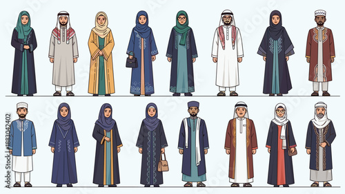 Extensive collection of diverse pixel art illustrations featuring Arab men in traditional thobes and women in various hijabs and abayas, representing cultural attire in a retro style.