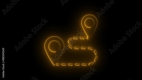 Animated neon glowing  route map showing a path from one location to another yellow color black background.